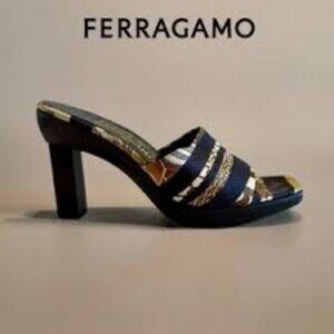 Authentic Salvatore Ferragamo Black Multicolor Animal Print Wood Platform Heel 8